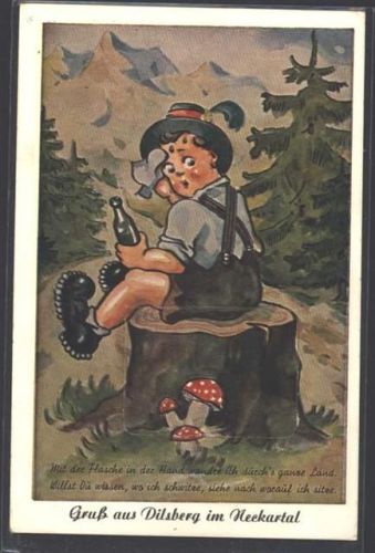 Dilsberg Mann Flasche Hut Fliegenpilz Wald Überstempel