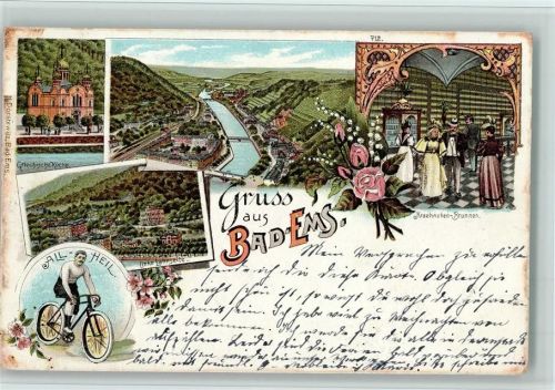 Bad Ems 1899 Gruss aus - All Heil Fahrrad, AK