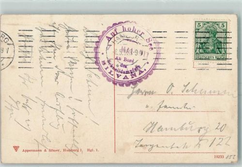 Bordstempel Auf hoher See 7. Mai 1911 Dampfer Silvana Stempel: Hamburg 8.5.1911
