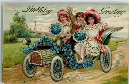 1908 Birthday . Kinder im Blütenauto , gute Erhaltung AK