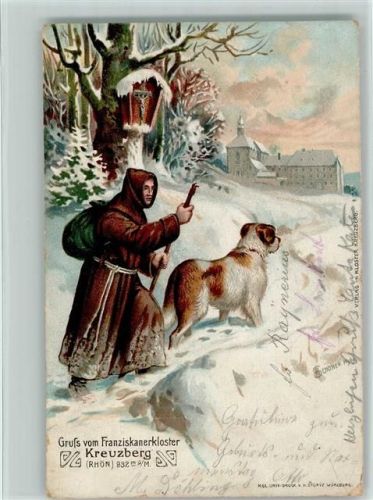 Kreuzberg 1904 Franziskanerkloster Mönch mit Hund Winter