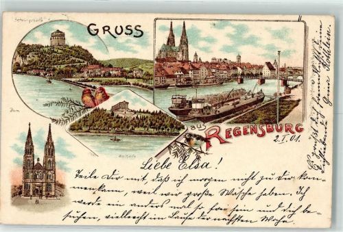 Regensburg 1911 Befreiungshalle Dom Walhalla Donau Frachtschiffe Eulen
