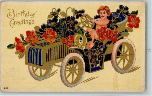 1908 Serie 200 - Birthday - Auto mit Blüten beladen AK