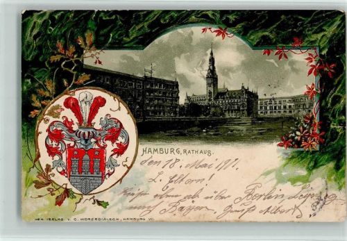 Hamburg 1901 Rathaus Lithographie/Prägedruck