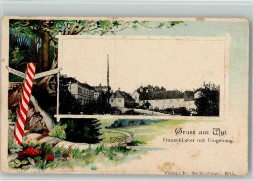 Wil SG Lithographie Prägedruck Passepartout Frauenkloster mit Umgebung Wegweiser Pilze