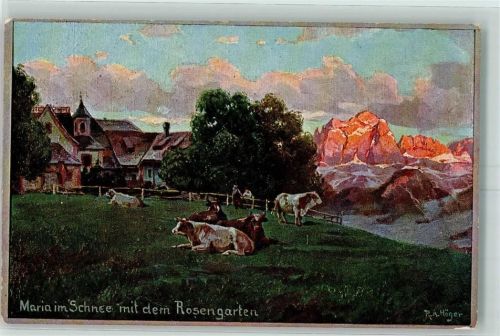 Bozen Maria im Schnee Rosengarten Kühe sign. R. A. Höger
