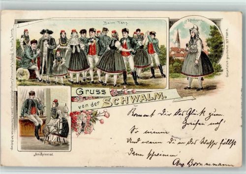 1898 Gruss aus - von der Schwalm - Tanz, Kirchgang AK