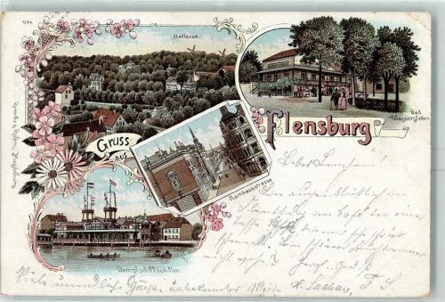 Flensburg 1898 Bellevue Bad Wassersleben Rathausstraße Dampfschiffpavillon Lithographie