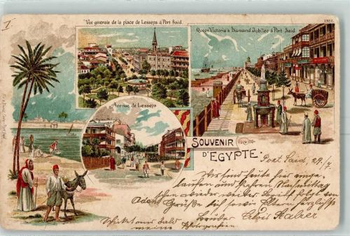 Port Said 1900 Place de Lesseps Queen Victorias Diamand Jubilee Avenue de Lesseps Esel Lithographie
