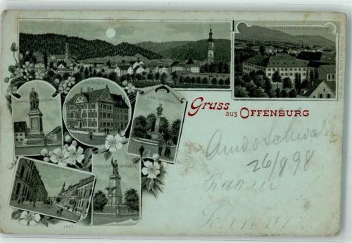 Offenburg 1898 Drake-Denkmal Rathaus Oken-Denkmal Bahnhofstraße Kriegerdenkmal Lehr- und Erziehungs-Institut Lithographie/Mondschein