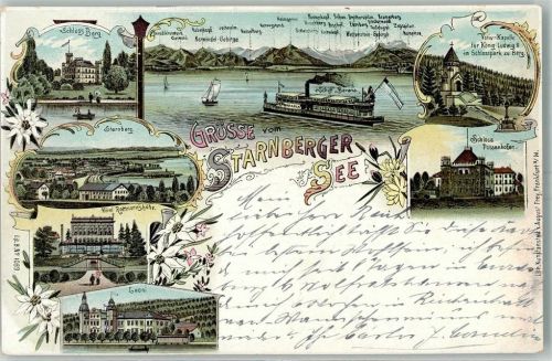 Starnberg 1900 Starnberger See Schloss Berg Dampfer Bavaria Votiv-Kapelle für König Ludwig II. Schloss Possenhofen Hotel Rottmannshöhe Leoni
