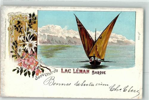 Lausanne Losanna Gruss aus Mit Glimmerauflage Lac Leman Barque Segelboot Glitzer 1899 Lithographie