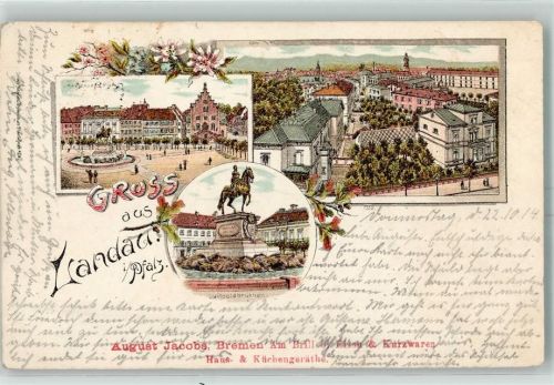 Landau 1914 Luitpoldbrunnen Werbung August Jacobs Bremen Feldpost WK I K. D. Feldpost-Exped. 19. Inf. Div.