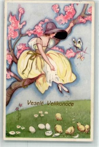 1928 Vesele Velikoboce Ostern Frau sitzt im Baum Schmetterling Küken Verlag Ballerini & Fratini Nr. 200 AK