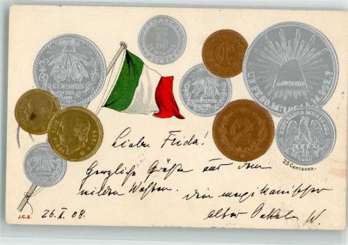 1908 Münzenkarte und Nationalflagge Münzabbildungen Geld auf AK Lithographie