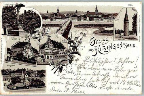 Kitzingen 1897 Lithographie Falterturm Rathaus Königsplatz Kriegerdenkmal