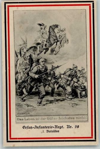 Allegorie Ers. Inf. Regiment Nr. 28 Enge auf Pferdenl holen die Soldaten sign. F. Elssner