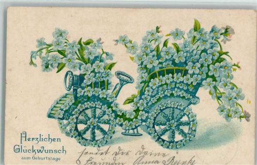 1905 Geburtstag - Blütenauto aus Vergissmeinnicht , gute Erhaltung AK