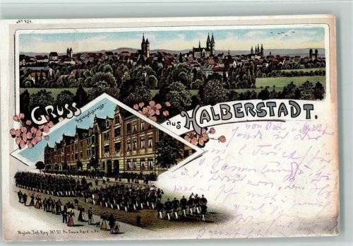 Halberstadt 1897 Gruss aus - Spiegelstraße , Militär Parade