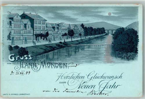 Hann. Münden 1899 Lithographie Mondschein Neujahr