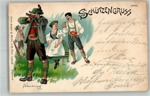 Nr. 742 sign. Kleinhempel Schützenfest Bier Schütze mit Gewehr Bürger Bruno 1898 Lithographie / Künstlerkarte