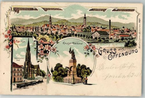 Offenburg 1902 Lithographie Bahnpost Konstanz Offenburg Zug 8.12.02 Kriegerdenkmal Kirche Gasthaus Rheinischer Hof Eisenbahn