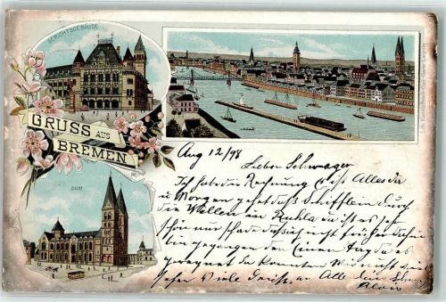 Bremen 1898 Gerichtsgebäude Dom Straßenbahn Boot Schiff Blumen