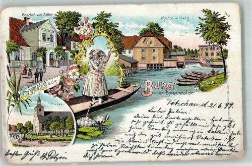 Burg 1899 Tracht Kirche Mühle Gasthaus Adler