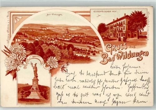 34537 W3590 Bad Wildungen Lithographie Gasthaus Hotel Europäischer Hof Kriegerdenkmal