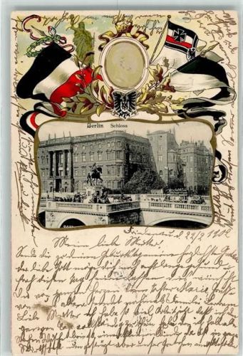 Berlin Mitte 1902 Schloß Reiterdenkmal Flaggen Eisernes Kreuz Lithographie