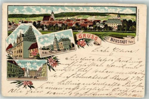 Neustadt 1898 Lithographie Rathaus Bahnhofstrasse Marktplatz Kriegerdenkmal