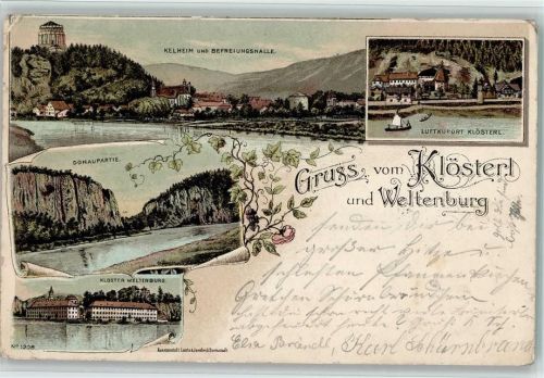 Klösterl 1898 Kelheim und Befreiungshalle Klösterl Donaupartie Kloster Weltenburg Lithographie