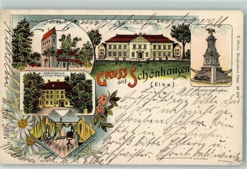 39524 O3520 Schönhausen Elbe 1900 Lithographie Kirche Bismark-Museum Kriegerdenkmal Geburtshaus des Fürsten Bismarck