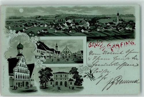Grafing 1902 Marktplatz Rathaus Bahnhof Mondschein