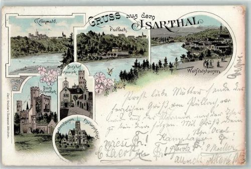 Pullach 1897 Isartal Grünwald Pullach Wolfratshausen Burg Schwanek Burghof Schwanek Ebenhausen Fischerschlössl Lithographie
