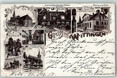 Wittingen 1897 Kirche Superintendentur Wohnhaus des Pastor Kriegerdenkmal Separirte-Kirche Lithographie