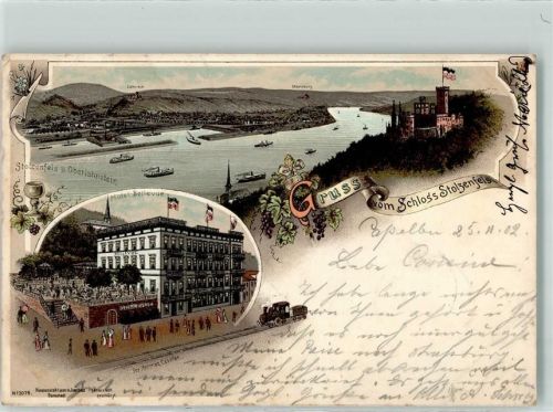 Koblenz 1902 Gruss vom Schloss Stolzenfels Eisenbahn Fahne Schwarz-Weiß-Rot Oberlahnstein Reben Kirche Schiff