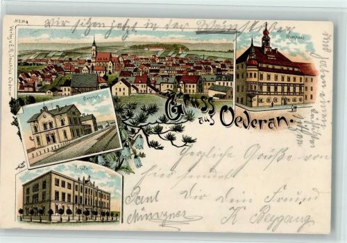 Oederan Gruss aus - Bahnhof, Schule, Rathaus, gute Erhaltung AK
