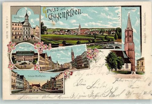 Eggenfelden 1899 Rathaus Pfarrkirche Schloss Gern Oberer Marktplatz Unterer Marktplatz Lithographie