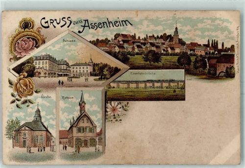 Assenheim, Hess Schloss Eisenbahnbrücke Kirche Rathaus Lithographie