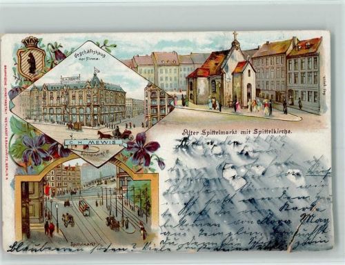 Berlin Mitte 1901 Gruss aus - Alter Spittelmarkt , Geschäftshaus Mewis, Straßenbahn