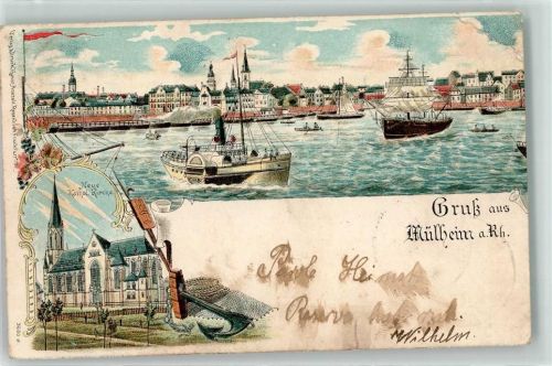 Köln Mülheim 901 1902 Kath. Kirche Dampfer Segelschiff Litho.