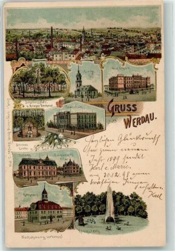 Werdau 1899 Johannisplatz u. Krieger Denkmal neue Schule Brunnen Grotte Realschule Rathaus Königsteich