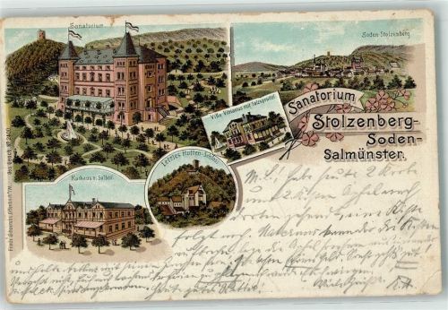 Salmünster 1901 Sanatorium Stolzenberg Soden Villa Salzsprudel Schloss Kurhaus Solbad Fahne Schwarz-Weiß-Rot Blumen