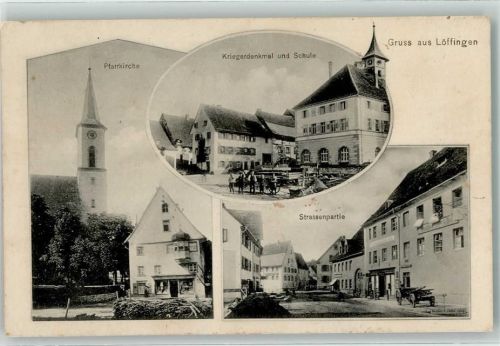 Löffingen 1910 Pfarrkirche Kriegerdenkmal Schule Bahnpost Freiburg-Donaueschingen Zg. 1563
