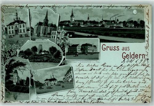 Geldern 1898 Rathaus Kath. Kirche Windmühlenturm Schloss Haag Großer Markt Pensionast d. Schwestern u. L. Frau