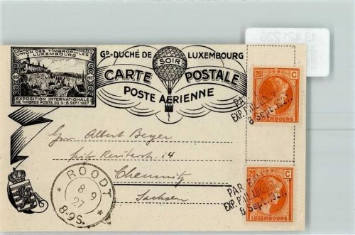 Luxembourg 1927 Par Ballon Exposition de Timbres Poste Luxembourg