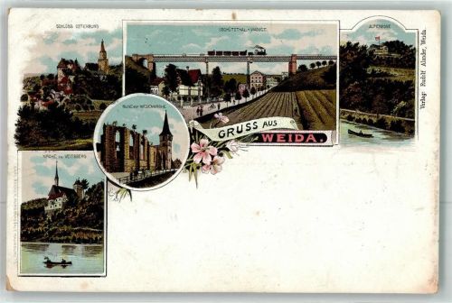 07570 O6518 Weida , Thür 1906 Lithographie Schloss OSterburg Oschützthal-Viadukt Alpenrose Ruine der Wiedenkirche Kirche zur Veitsberg