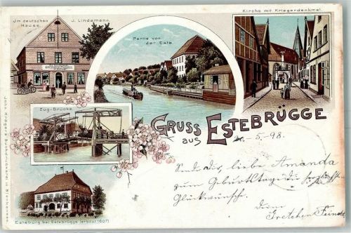 Estebrügge 1898 Gasthaus Im deutschen Hause J. Lindemann Este Raddampfer Kirche Kriegerdenkmal Zug-Brücke Esteburg