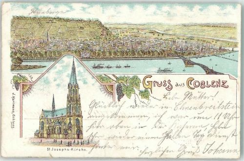 Koblenz 1900 St. Josephs Kirche Brücke Schiff Reben Gruss